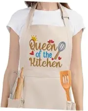 Funny Cooking Aprons for Women w/Pockets, Embroidered Cute Apron, Baking