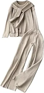 [Generic] Women's Knitt 3 Piece Sets Loose Scarf Knitted Pullovers Tops And Wide Legs Pants Outfits Lounge Sets Tracksuits