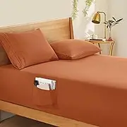 Extra Deep Pocket Queen Fitted Sheet Only - Fits Up to 24 Inch Mattress - Luxury 1800 Thread Count - Microfiber Caramel Pumpkin Fitted Bed Sheet Queen Size