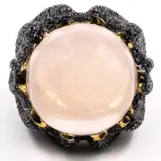 32.73ctNatural Blue Sapphire and Rose Quartz Cocktail Ring 925Sliver Gold Plated