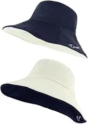 [THINKING] Women's Sun Hat, Reversible, Summer UV Protection Hat, Foldable Cotton Floppy Roll-up Hat, Adjustable Chin Strap, Suitable for Walking Beach Garden Outdoor Travel​​​-Navy Blue||40 * 20cm