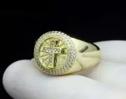 1.20Ct Round Cut Simulated Diamond Yellow Gold Plated 925 Silver Mens Cross Ring