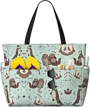 [Ghjkfbf] Cartoon Cute Print Large Capacity Beach Travel Bag For Family, Beach Tote Bag For Women With Zipper Pockets, Black, One Size