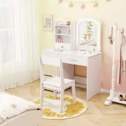 CostwayKids Vanity Set with 2 Color Lighted Mirror and Storage Drawers-White