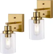 Modern Vanity Light Fixtures, Wall Sconces for Bathroom Set of 2 Farmhouse Wall Lights with Clear Glass Shade Matte Gold Color Wall Mount Lighting Lanterns for Mirror Bedroom Living Room Kitchen