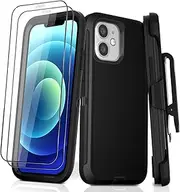 for iPhone 12 Case/iPhone 12 Pro Case 6.1", Military Grade 3 in 1 Heavy Duty Shockproof/Drop Proof Case with 2 PCS Tempered Glass Screen Protector, includes Holster Clip Kickstand (Black)