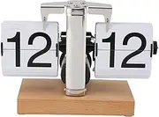 Retro Flip Desk Clock Mechanical Battery Powered Home Office Decor 24 Hour Wood Base White