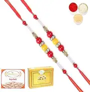 Ghasitaram Gifts Rakhi for Brother Rakhis Online - Set of 2-2K-266 Fancy Thread Rakhi with 200 GMS of Kaju katli and 200 GMS of Soan Papdi