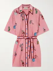 [ALÉMAIS] ALÉMAIS - + Nadia Hernandez Timmy Belted Embroidered Printed Linen Mini Shirt Dress - Pink - UK 10 UK 10 Pink