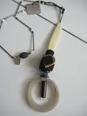 Rare Designer CINZIA TORTOISE & GLASS & Wood Beads LUCITE Pendant Necklace HTF!