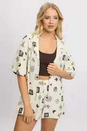 Beige Abstract Relaxed Shirt Short Sleeve Linen Blend - Size 16, Women's Shirt