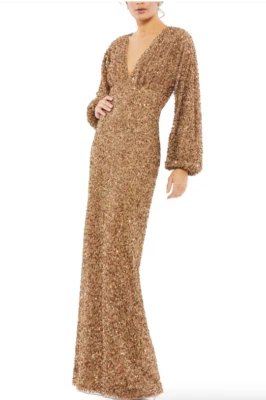 MAC DUGGAL 10791 SEQUINED PUFF SLEEVE V-NECK BRONZE GOWN sz 10