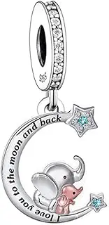 [Mon & Sons] Mother Daughter Elephant I Love You To The Moon And Back Star Moon Charm Bead Pendant 925 Sterling Silver Dangle Compatible With Pandora Charm Bracelet, Metal