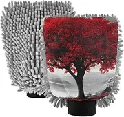 XYMZR Tree Landscape Red Art Absorbent Microfiber Car Wash Mitt, Funny Cute Anime Scratch Free for Cars Cleaning, Home Cleaning Mitts, 2 Pack, 10.24” L x 7.09” W