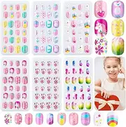 144 Pieces Kids Press on Nails Grils, Thrilez Children Fake Nails Artificial False Nail Tips Pre Glue Full Cover Short Acrylic Nails for Girls Kids Nail Art Decoration (Rainbow Sky)