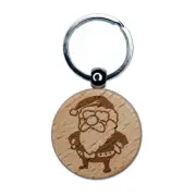 Cute Chibi Santa Claus Christmas Engraved Wood Round Keychain Tag Charm