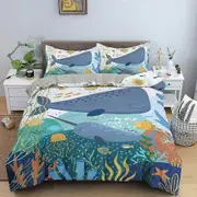 v388 Bed Sheets Cartoon Underwater World Sea Animal Bedding Set,Duvet Cover Bed Set Quilt Cover Pillowcase,King Queen Twin Size Boys Girls Adult 3-Pie