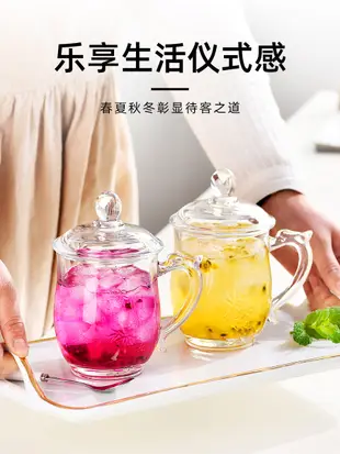 優雅中式風格玻璃杯 耐高溫可直倒熱水 帶把手的大容量茶水杯 (8.3折)