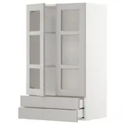 METOD / MAXIMERA wall cab w 2 glass doors/2 drawers, white/Lerhyttan light grey, 60x37x100 cm