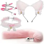 Butt Plug Tail Plug, Cute Fox Tail Plug Tail with Small Butt Plug Nipple Clamp Cat Ears Headband Metal Anal Sex Toys for Women Man Beginners Butt Trainer Set Adult Couples