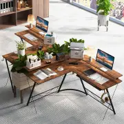 CostwayL-shaped Computer Desk with Power Outlet for Home Office-Coffee