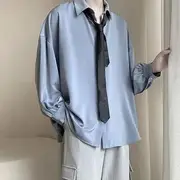 Long-Sleeve Plain Draped Shirt Airy Blue - XL