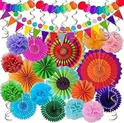 All-in-One Fiesta Party Decor Set-33 Pcs! Colorful Mexican - Inspired Hanging Paper Fans, Rainbow Pom Poms, Bunting Flags & Tissue Streamers - Ideal for Birthdays, Festivals & Rainbow Themed Parties