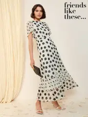 Friends Like These Ivory Spot Short Sleeve Chiffon Tiered Maxi Dress (F78110) | $136