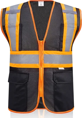 High Visibility Reflective Safety Vest with Zipper and Pockets Black,Xl