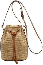 [Generic] Small Straw Bucket Bag, Summer Woven Beach Tote Bag, Drawstring Hobo Bucket Purses Handbag for Vacation