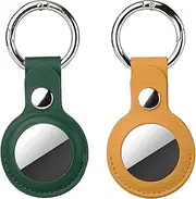 ANNESA Upgrade Leather Case for Apple AirTag, Keychain AirTags Case with Anti-Lost Key Ring, Protective AirTag Holder Case Cover, Finder Items, Multi-Color Airtag Accessories (2 Pack) (Yellow-Green)