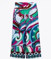 Zara Satin Wide Leg Crop Pant Women’s Large Colorful Print Pockets Hi Rise Retro