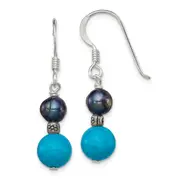 Sterling Silver Polished & Antiqued Black Fwc Pearl Turquoise W/ Flower Bead Dangle Earrings