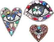 INFUNLY 3pcs Evil Eyes Heart Beaded Patches Rhinestone Applique Sew on Patch Colorful Embroidery for Clothing Jeans Jackets Handbag Shoes DIY Decor
