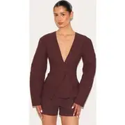 Tall Chocolate Premium Linen Look Tailored Cocoon Sleeve Cinched Blazer, Deep Chocolate