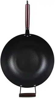 [LUSHLOOM] 32cm Carbon Steel Wok with Lid, Frying Pan, Wooden Handle, Non-Stick, 5L, Black