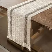 Simpeak Table Runners Bohemian Table Decoration for Home Party Christmas Kitchen Dining Holiday, Beige/Brown Cut-Out Table Runner with Tassels, 12x71inch