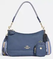 ☂️Coach Ellis Should Bag Blue Canvas Leather Coin Pouch Gold/Midnight CA626
