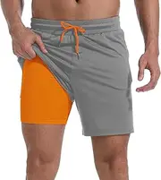 [FT FENTENG] Mens Swim Trunks with Compression Liner 7" Board Shorts with Zipper Pockets 2 in 1 Quick Dry Bathing Suits, Gray&orange, 3X-Large