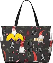 [Ghjkfbf] Christmas Gnomes Print Large Capacity Beach Travel Bag For Family, Beach Tote Bag For Women With Zipper Pockets, Black, One Size