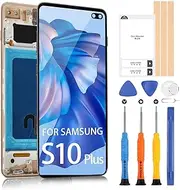 for Samsung Galaxy S10 Plus Screen Replacement for Samsung S10+ LCD Display SM-G975F/DS SM-G975U Digitizer Touch Screen Assembly with Tools（Gold with Frame,Incell