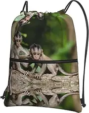 EdWal Cute Little Monkeys Print Drawstring Backpack Gym Bags Sports Bags With Zipper Pocket For Travel Beach, Black, One Size