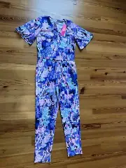NWT Lilly Pulitzer Girls Mini Maliah Jumpsuit In Iris Blue Giraffic Park XL 12