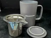 Leed's Porcelain Tea Cup Grey Mug w/Infuser Strainer & Lid "I Think Your On Mute