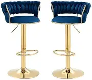 Navy Blue Velvet Bar Stools Set of 2-360° Swivel Adjustable Bar Chairs Kitchen Stool Counter Height Island Chairs Sillas para Barra De Cocina High Barstools with Back Gold Footrest for Home Bar