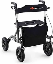 Costway Height Adjustable Rollator Walker With Seat, 24CM All Terrain Pneumatic Wheel, Storage Bag, 160 KG Weight Capacity, Lightweight for Seniors (Black)