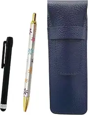 SASL-ALB-HS380B Grain Leather Pen Case Blue Metal Touch Stick Black and Floral Ballpoint Pen Set