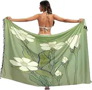 [RPLIFE] White Flowers Green Bottom Sarong, Beach Shawl Wrap, Beach Sarong Women, Summer Wrap