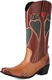 [ForeMode] Western Cowboy Boots Knee High Wide Calf Cowgirl Boots Chunky Heel and Pointed Toe with Classic Embroidered for Girls Ladies Fall Winter