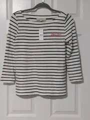 NWT Loft XS Navy/Cream Striped Oui Oui Top Stretch 3/4 Sleeves Soft Cotton